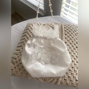 White Satin Bridal Money Bag Purse Pearl Handle Wedding Dollar Dance New